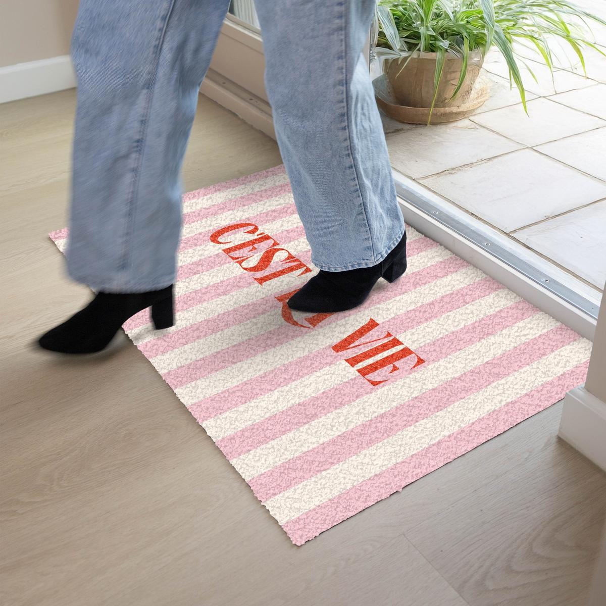 FUSSMATTE Zartrosa – Rot – Streifen – C'est La Vie 90x60 cm - Rosa, Kunststoff (90/0.4cm) - MuchoWow