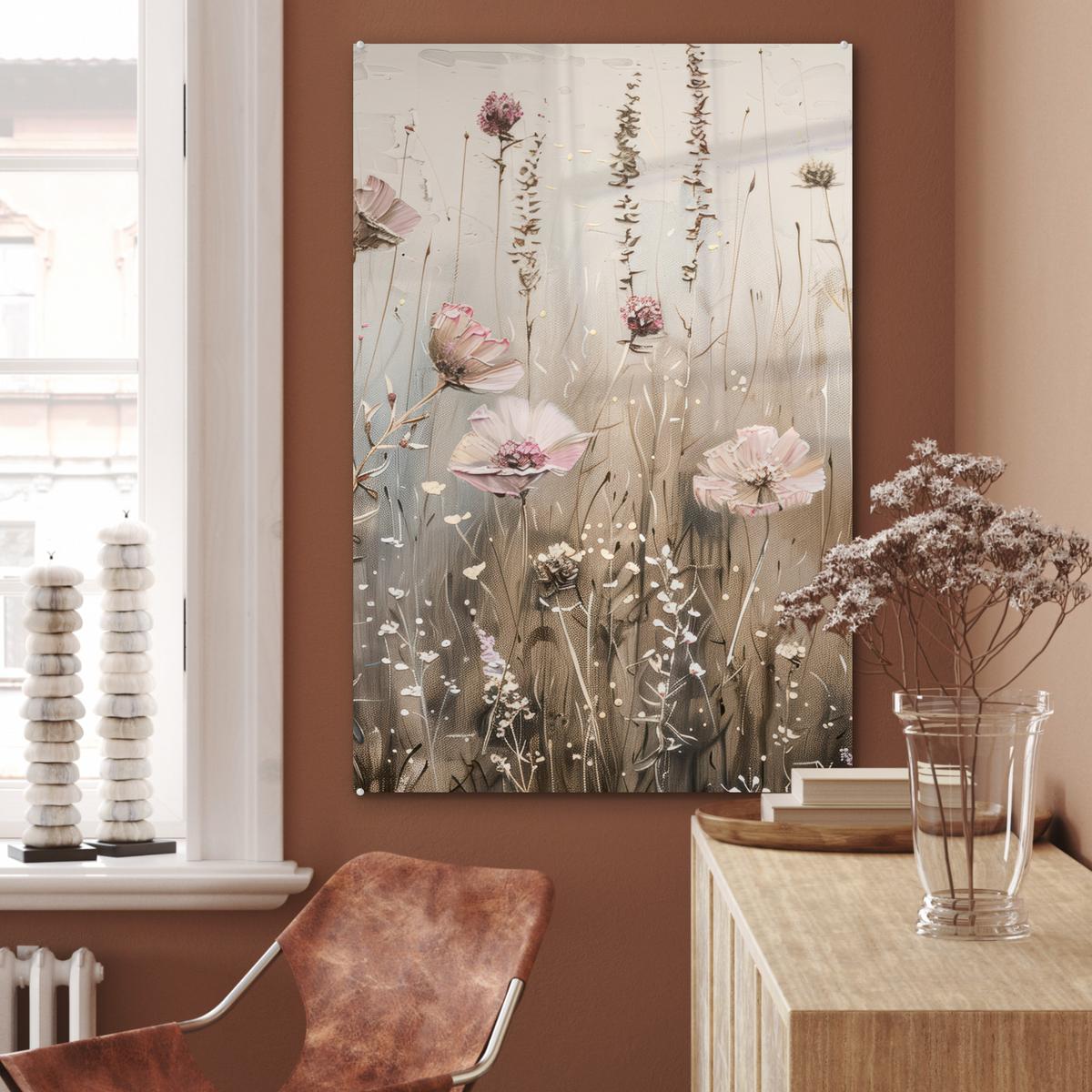 ACRYLGLASBILD Blumen - Rosa - Modern - Beige 80x120 cm - Beige, Glas (80/120cm) - MuchoWow