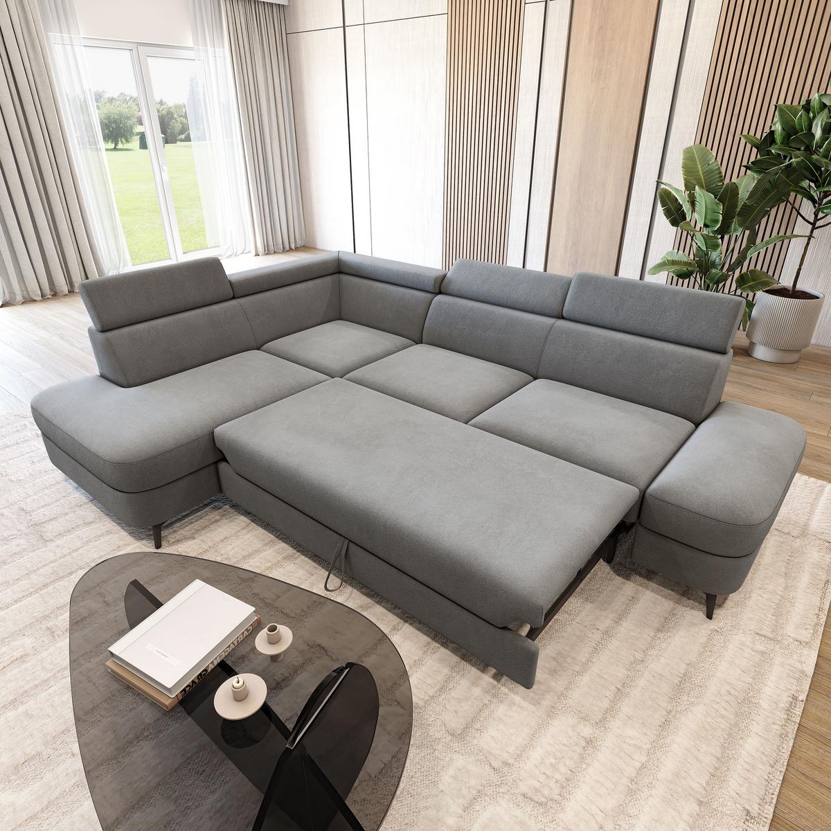 ECKSOFA AVISE MV L-S Grau Velours-Stoff mit Schlaffunktion - Grau, Holzwerkstoff/Textil (268/195cm) - MASSENO
