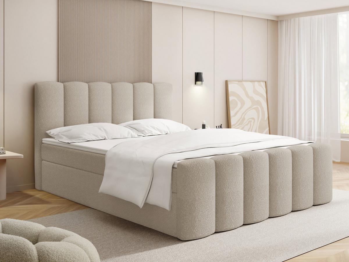 BOXBETT Serenity mit Bettkasten, Boucle Beige 120x200 cm – inkl. H4 Taschenfederkern Matratze & Foam Topper - Beige/Schwarz, Holz/Holzwerkstoff (120/200cm) - WFL GROUP