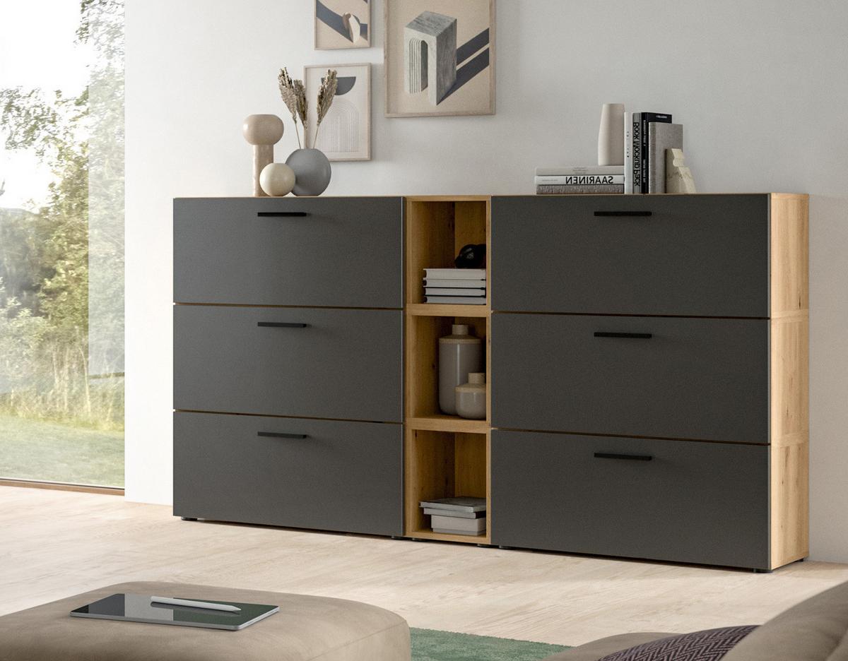 SIDEBOARD grau, Eiche Artisan 176 cm, Kommode mit Soft-Close - Schwarz/Eiche Artisan, Holzwerkstoff/Kunststoff (176/99/34cm) - Inn.Furn