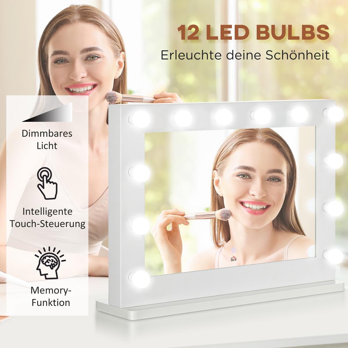 HOLLYWOOD Spiegel 80 x 60 cm Schminkspiegel mit LED-Beleuchtung, Touchschalter - Weiß, Metall (80/60/20cm) - HOMCOM