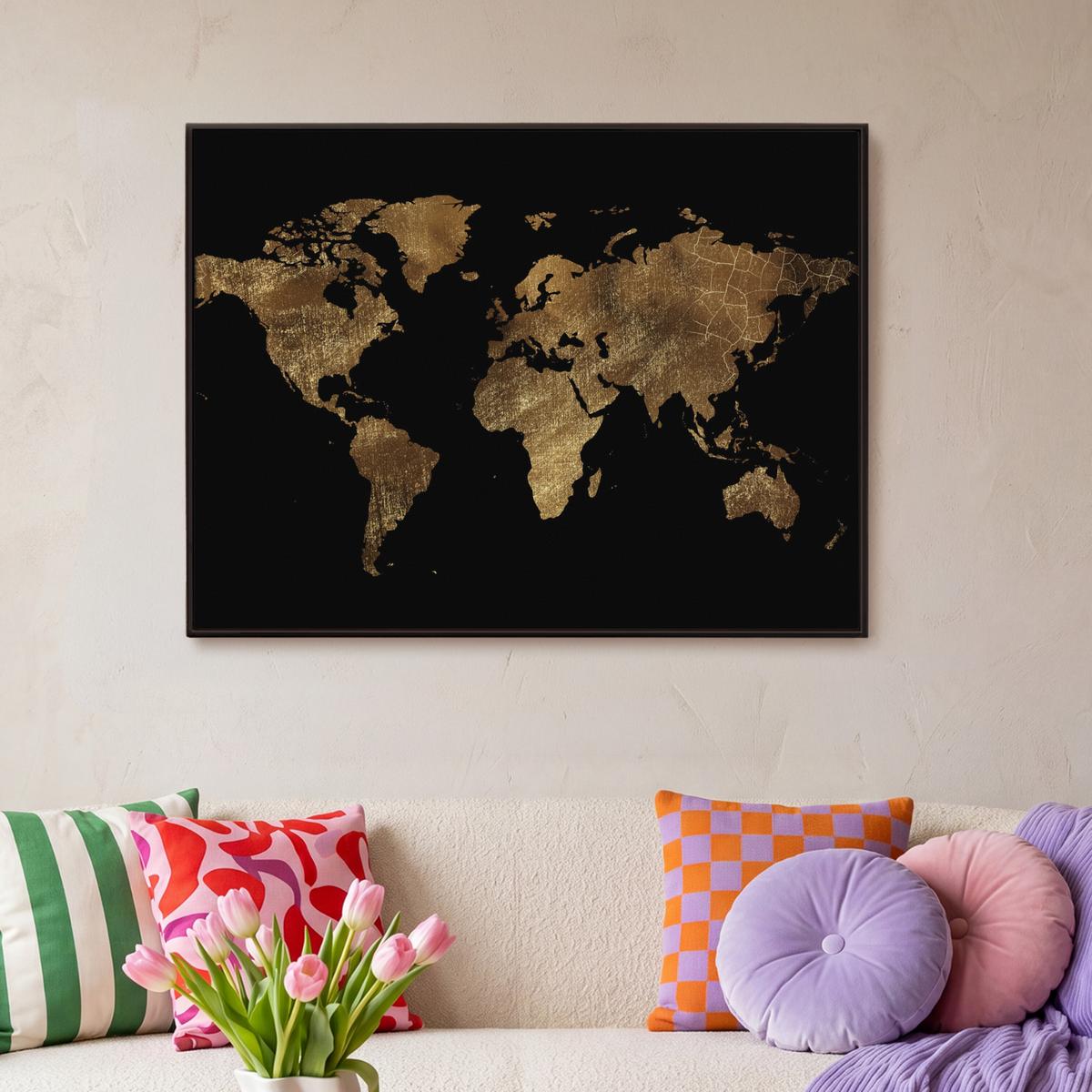 LEINWAND Bilder mit Rahmen - Weltkarte - Gold - Luxus - Erde - Schwarz - 100x70 - Goldfarben, Textil (100/70cm) - MuchoWow