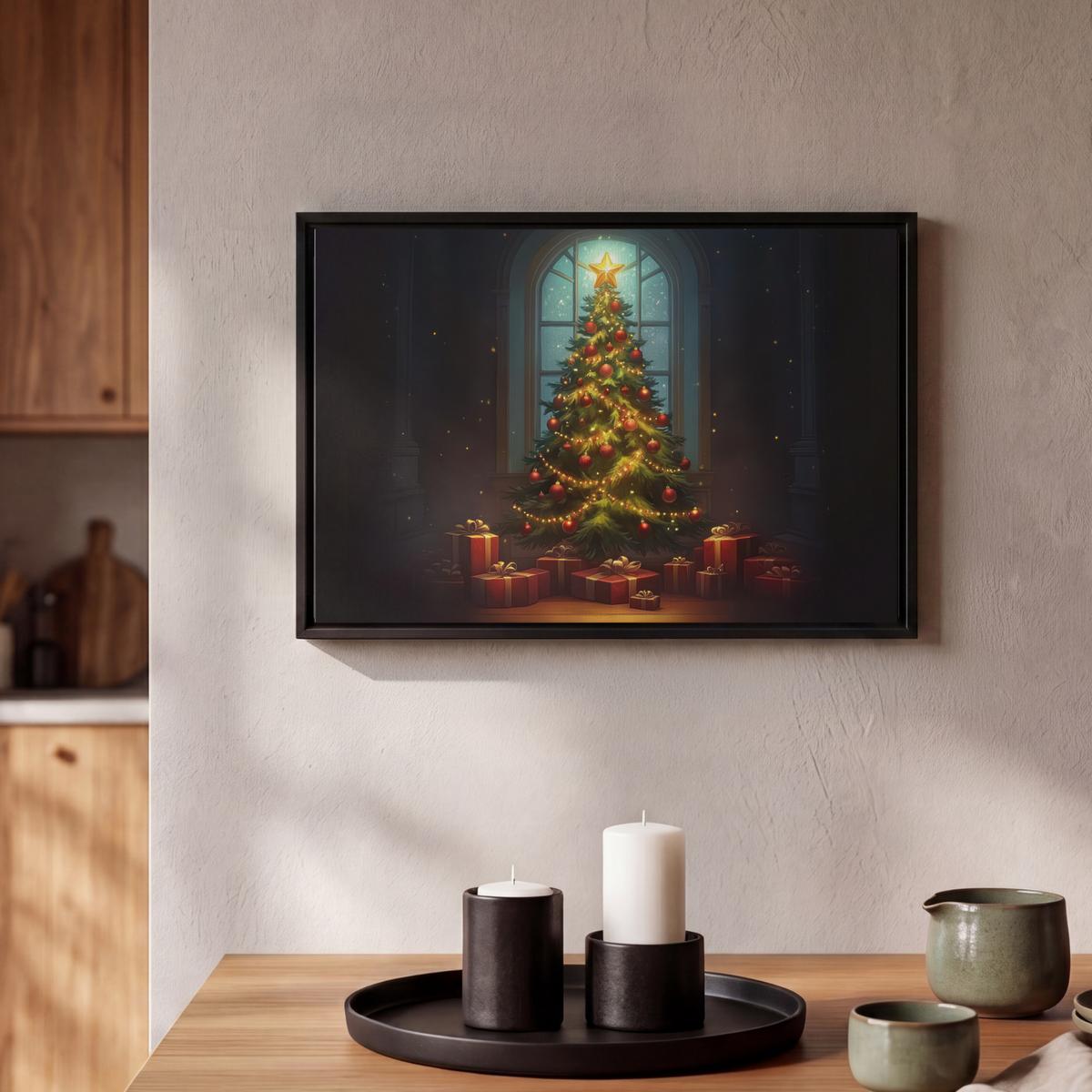 LEINWAND Bilder mit Rahmen - Weihnachtsbaum - Geschenk - Winter - 30x20 - Grün, Textil (30/20cm) - MuchoWow