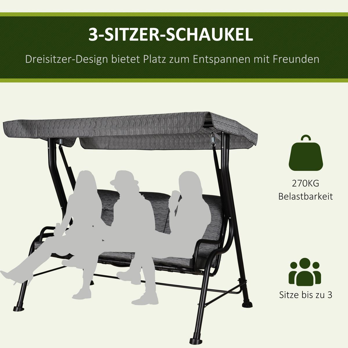 HOLLYWOODSCHAUKEL, Verstellbares Sonnendach, Texteline, Grau, 200 x 120 x 170 cm - Schwarz, Metall (120/170/200cm) - Outsunny