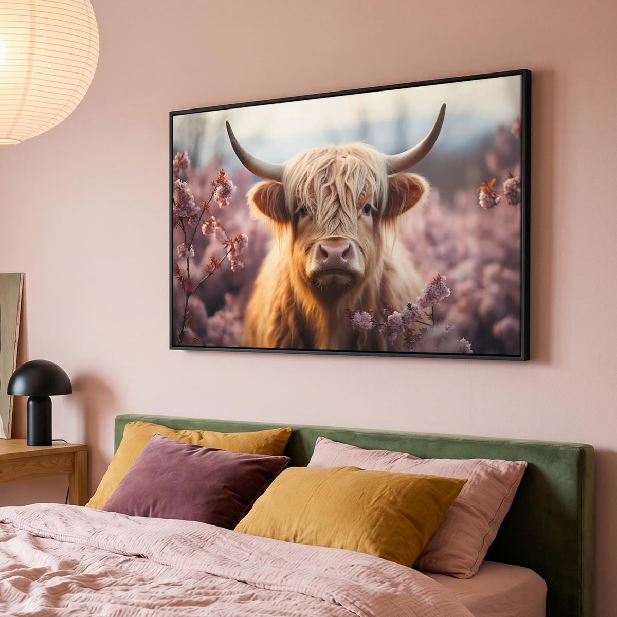 LEINWAND Bilder mit Rahmen - Schottischer Hochländer - Frühling - Hochland - 120x80 - Hellrosa, Textil (120/80cm) - MuchoWow