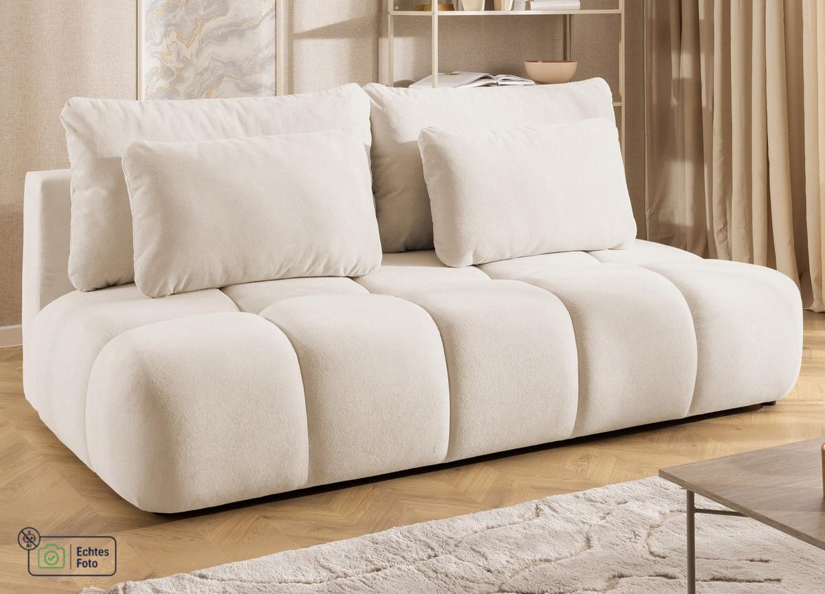 SCHLAFSOFA Belluno aus hochwertigem Beige Plüschstoff mit Bettkasten und tiefen Steppungen in Bubble-Optik - Beige/Schwarz, Holz/Kunststoff (205/87/105cm) - S-Style