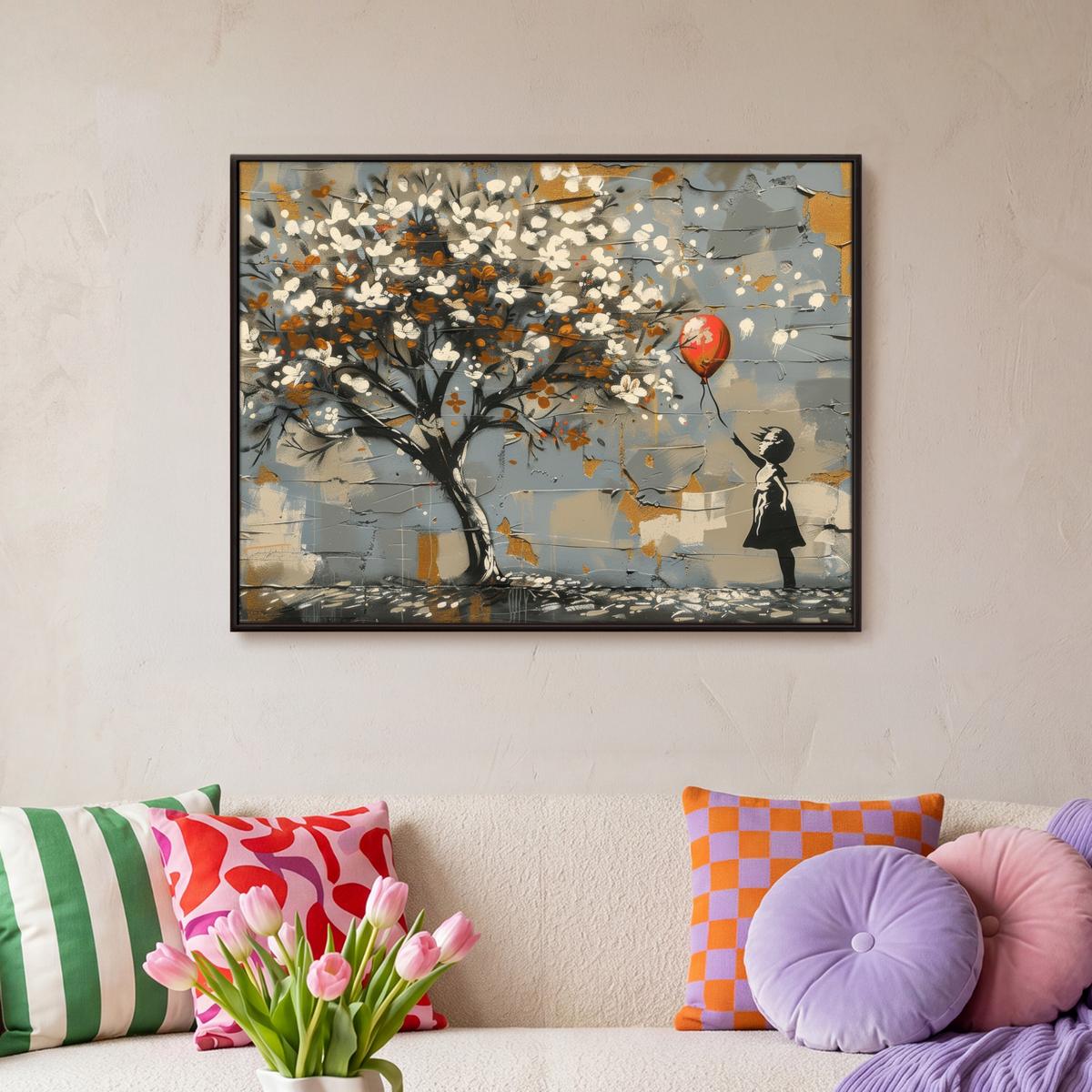 LEINWAND Bilder mit Rahmen - Baum - Graffiti - Banksy-Stil - Ballon-Mädchen - 70x50 - Blaugrau, Textil (70/50cm) - MuchoWow