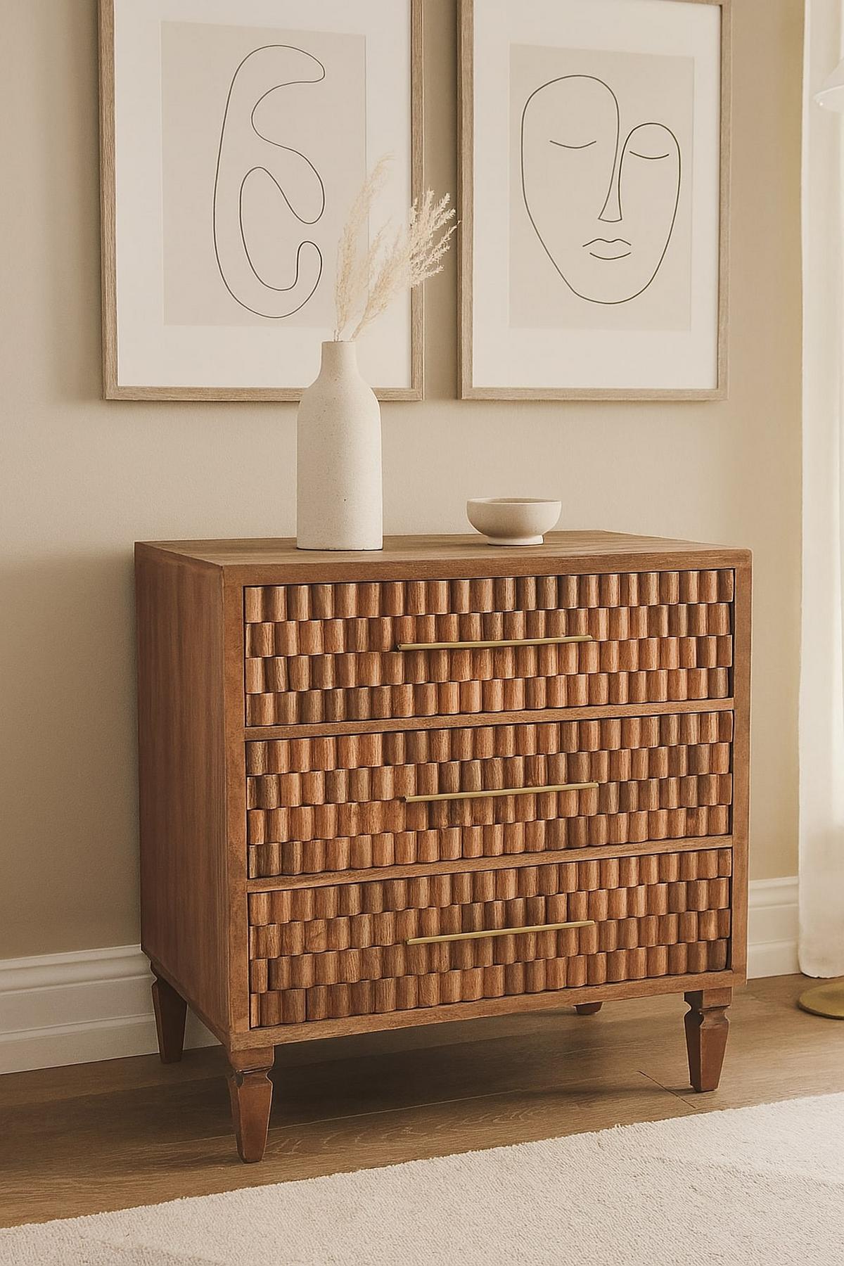 KOMMODE Golden-Teak-Finish, 3 Schubladen, Hellbraun - Braun, Holz (35/87/83cm) - Artisan Furniture
