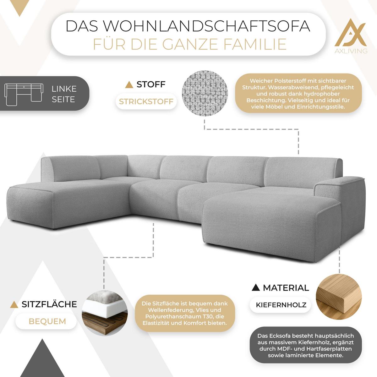 WOHNLANDSCHAFT Didim Hellgrau 378/220/78 cm – großes Sofa stilvoll & bequem L - Hellgrau/Schwarz, Kunststoff/Textil (220/78/378cm) - AX Living