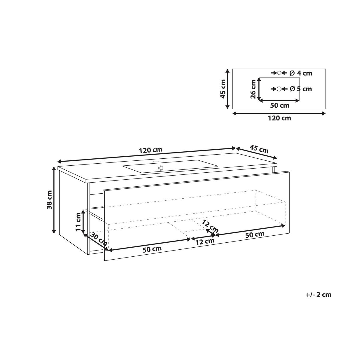 WASCHBECKENUNTERSCHRANK wandmontiertk mit Waschbecken Braun Madidi - Braun, Holzwerkstoff (120/38/45cm) - Beliani