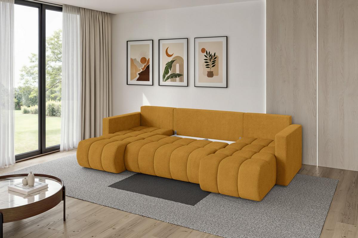 WOHNLANDSCHAFT mit Schlaffunktion und Bettkasten GARD-U 300x146x85 Senfgelb Cord - Dunkelgelb/Schwarz, Holzwerkstoff/Kunststoff (300/85/146cm) - ALTDECOR