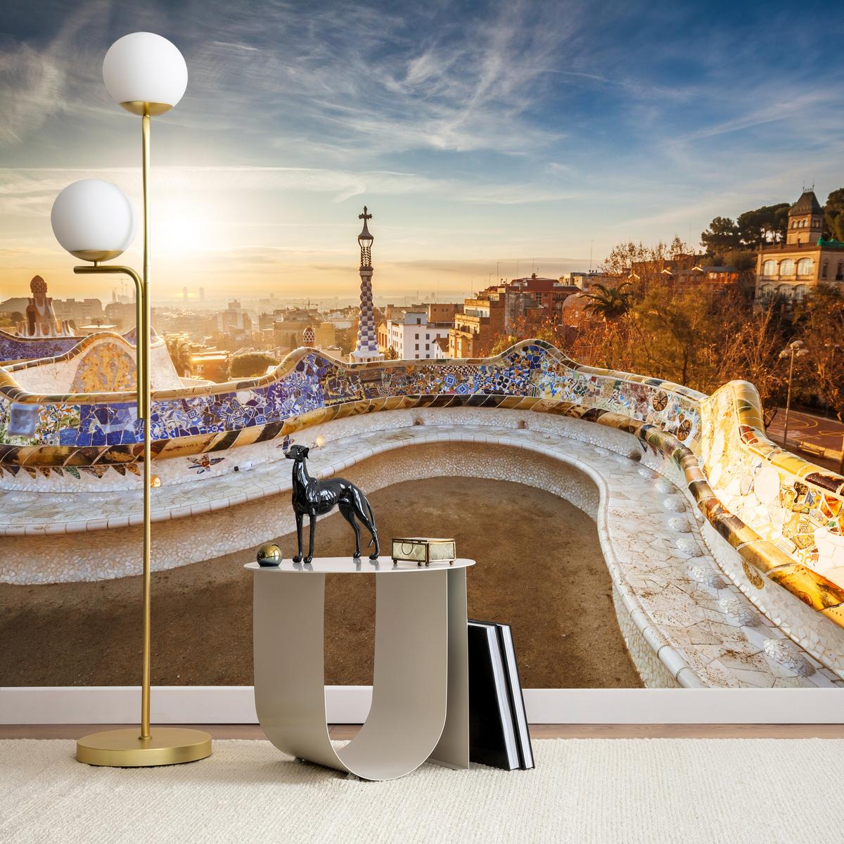 FOTOTAPETE für Wohnzimmer Sonnenaufgang Barcelona Denkmäler 300x210 - Gelb/Beige, Papier (300/210cm) - Muralo