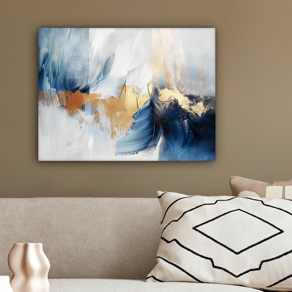 LEINWANDBILD Gold - Blau - Aquarell - Kunst - Modern Wandbild 40x30 cm - Hellblau, Textil (40/30cm) - MuchoWow