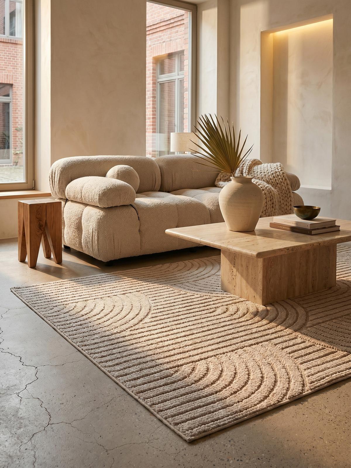 TEPPICH Flachgewebe LANGAU in Beige, mit geometrischen Bögen, 60 x 110 cm - Beige, Textil (110/60cm) - KADIMA DESIGN