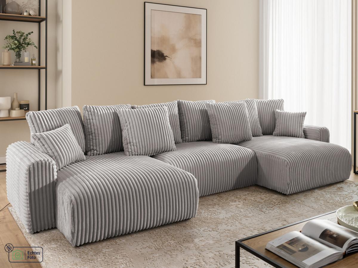 WOHNLANDSCHAFT Calma mit Schlaffunktion und Bettkasten im Bumpy-Design aus weichem Hellgrau Plüschcord - Beige/Hellgrau, Holz/Textil (336/88/140cm) - S-Style