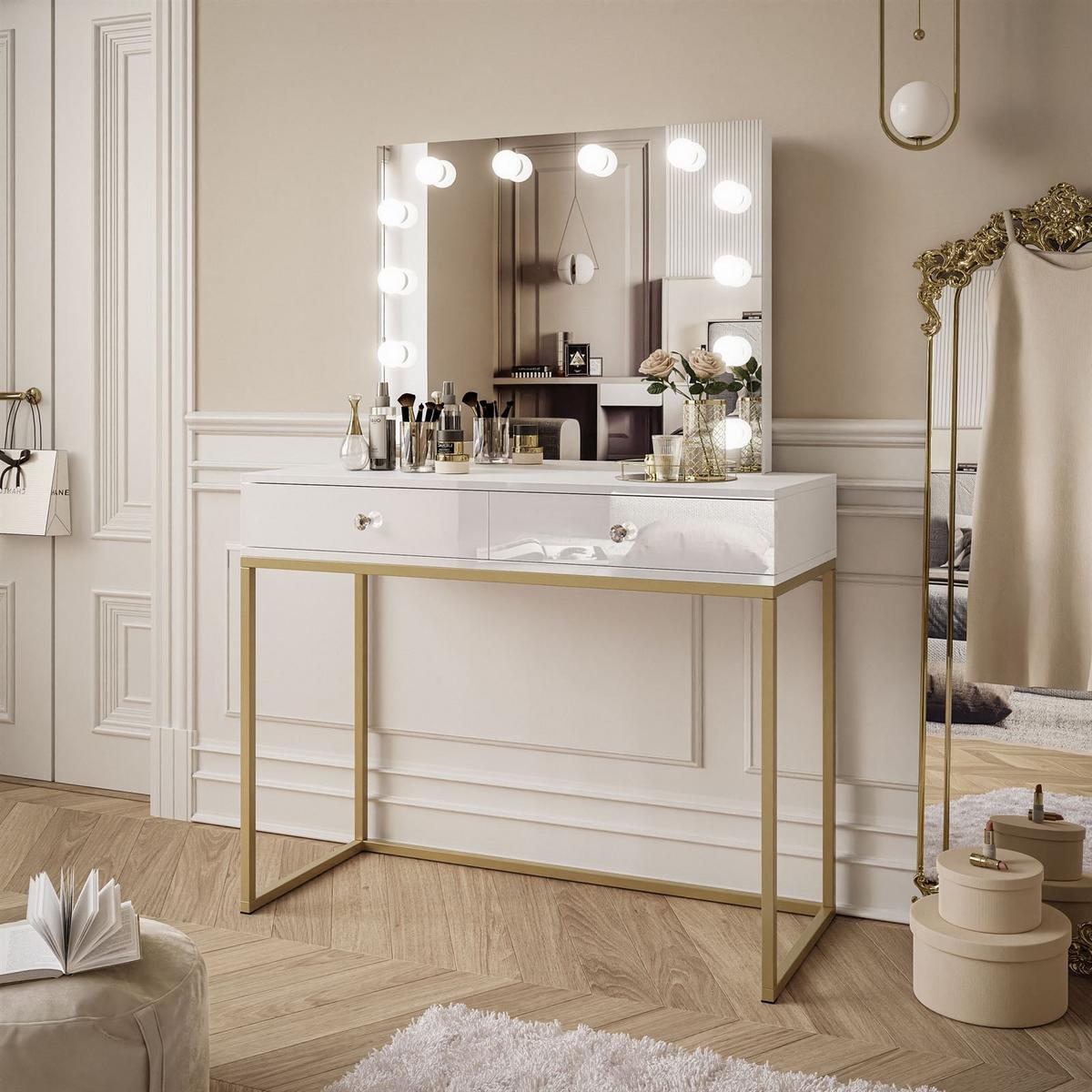 SCHMINKTISCH BLANCO GOLD ELITE mit Spiegel und Beleuchtung Weiß Hochglanz Kristallgriff - Weiß Hochglanz/Goldfarben, Holzwerkstoff (100/146/42cm) - Lookway