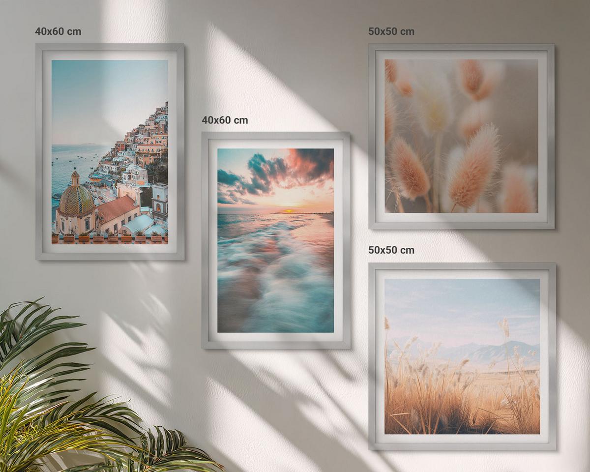 BILDER SET 4er Set - 50x50 cm & 40x60 cm Silberner Rahmen - Sonnenuntergang am Meer, Häuser, Blumen - Silberfarben, Kunststoff (50/50cm) - TULUP
