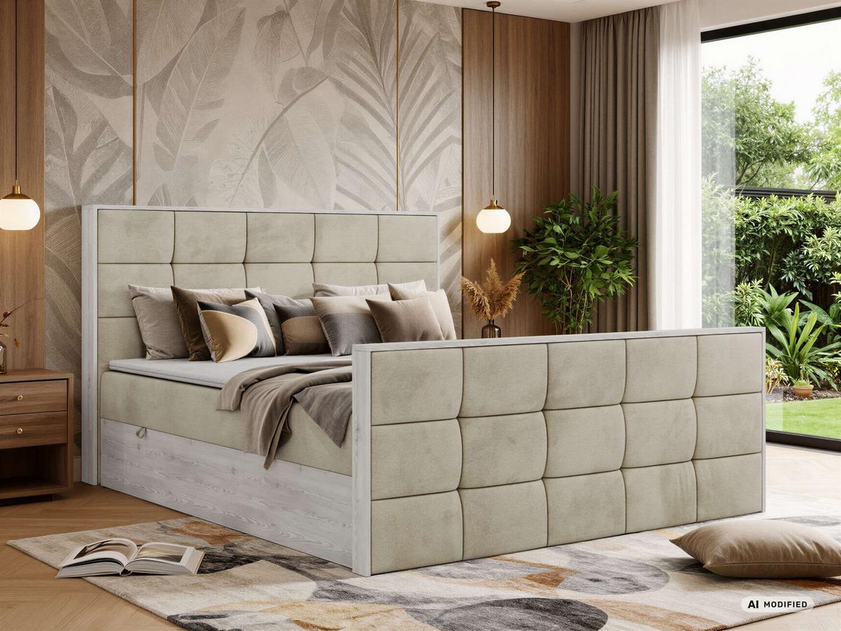 BOXBETT ALNOR DUO 140/200 - Beige Velvet - Topper Visco - H4 - Beige/Schwarz, Kunststoff/Textil (140/200cm) - MKS