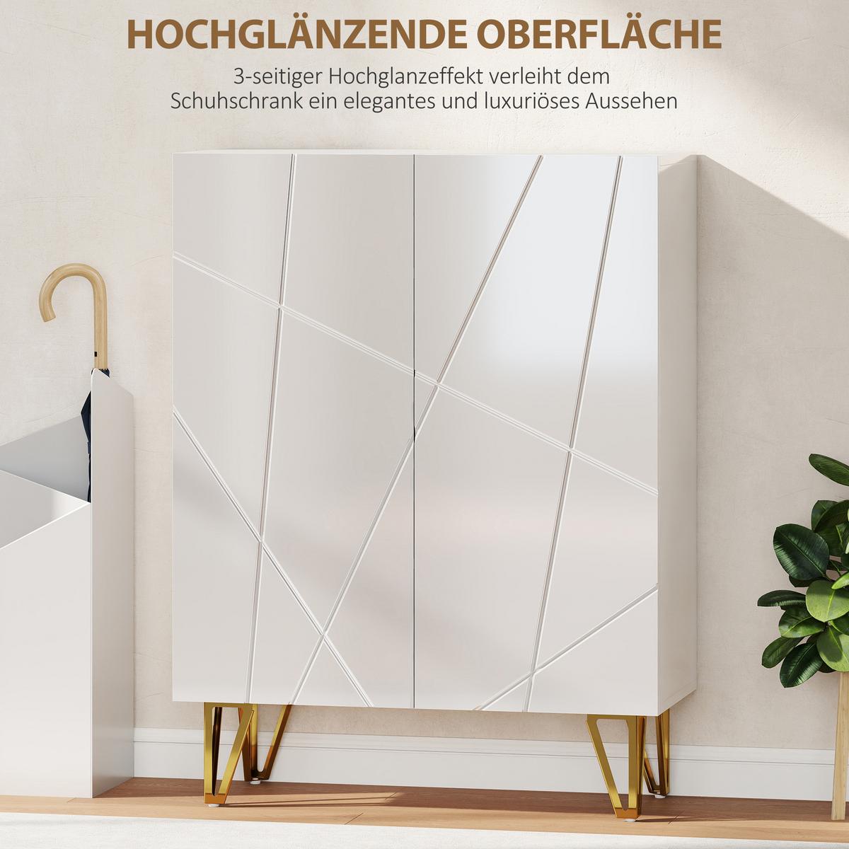 SCHUHSCHRANK mit 2 Türen, Schuhregal, Schuhaufbewahrung mit 4 Ablagen Weiß - Weiß Hochglanz/Goldfarben, Holzwerkstoff/Metall (31.5/95/72cm) - HOMCOM