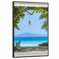 LEINWAND Bilder mit Rahmen - Aussicht - Baum - Meer - Palme - Hügel - Strand - Blau - 80x120 - Blau, Textil (80/120cm) - MuchoWow