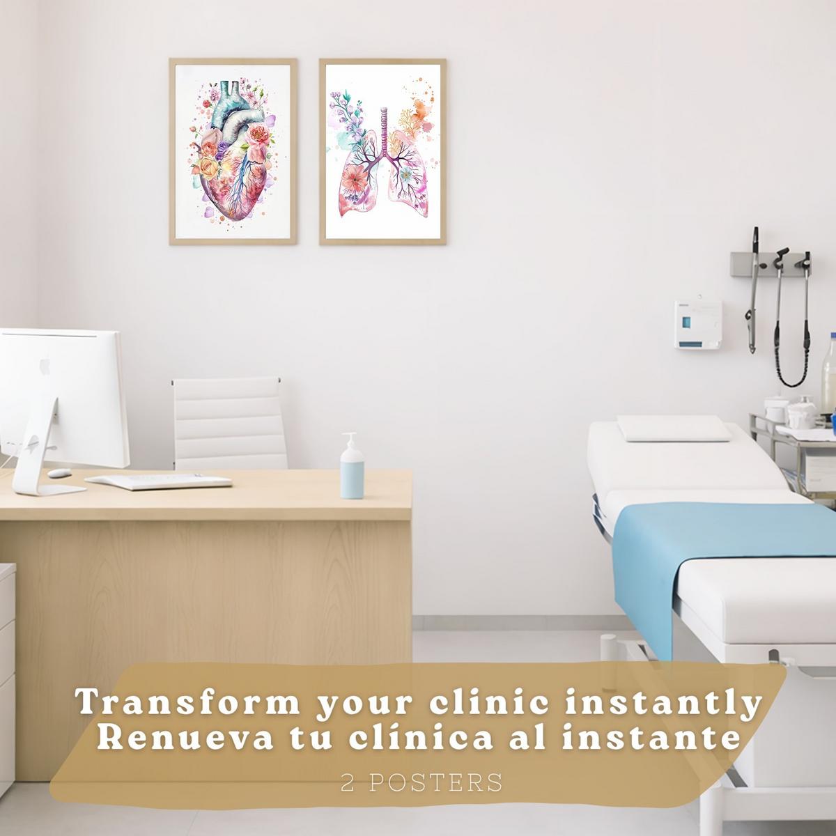 POSTER Set aus 2 Anatomie Mensch Drucke und Wandbilder mit Herz und Atmungssystem Floraler Stil Wanddekoration Größe Leichter Holzrahmen A4 - Beige, Papier (21/29.7/3cm) - Nacnic