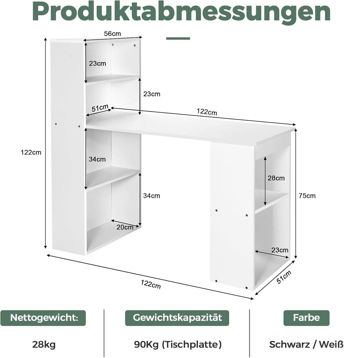 SCHREIBTISCH 120cm Weiß - Weiß, Holz (52/122/120cm) - COSTWAY