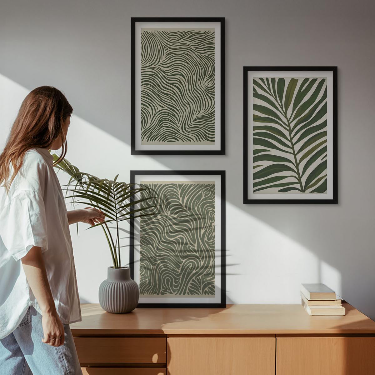 BILDER SET 3er Set - 40x60 cm Schwarzer Rahmen - Blattmuster wellenförmige Formen - Schwarz, Kunststoff (40/60cm) - TULUP