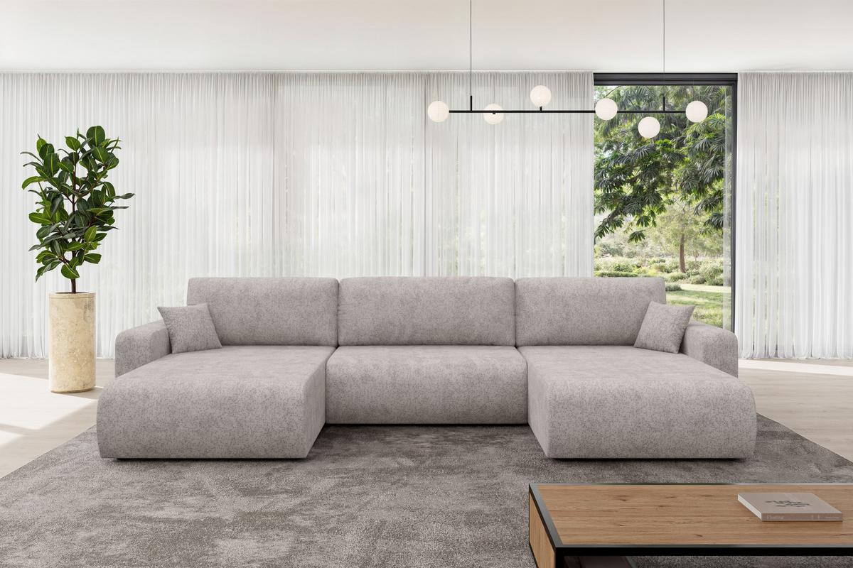 WOHNLANDSCHAFT mit Schlaffunktion und Bettkasten BERY-U 377x193x88 Hellgrau Velours - Hellgrau/Schwarz, Holzwerkstoff/Kunststoff (377/88/193cm) - ALTDECOR