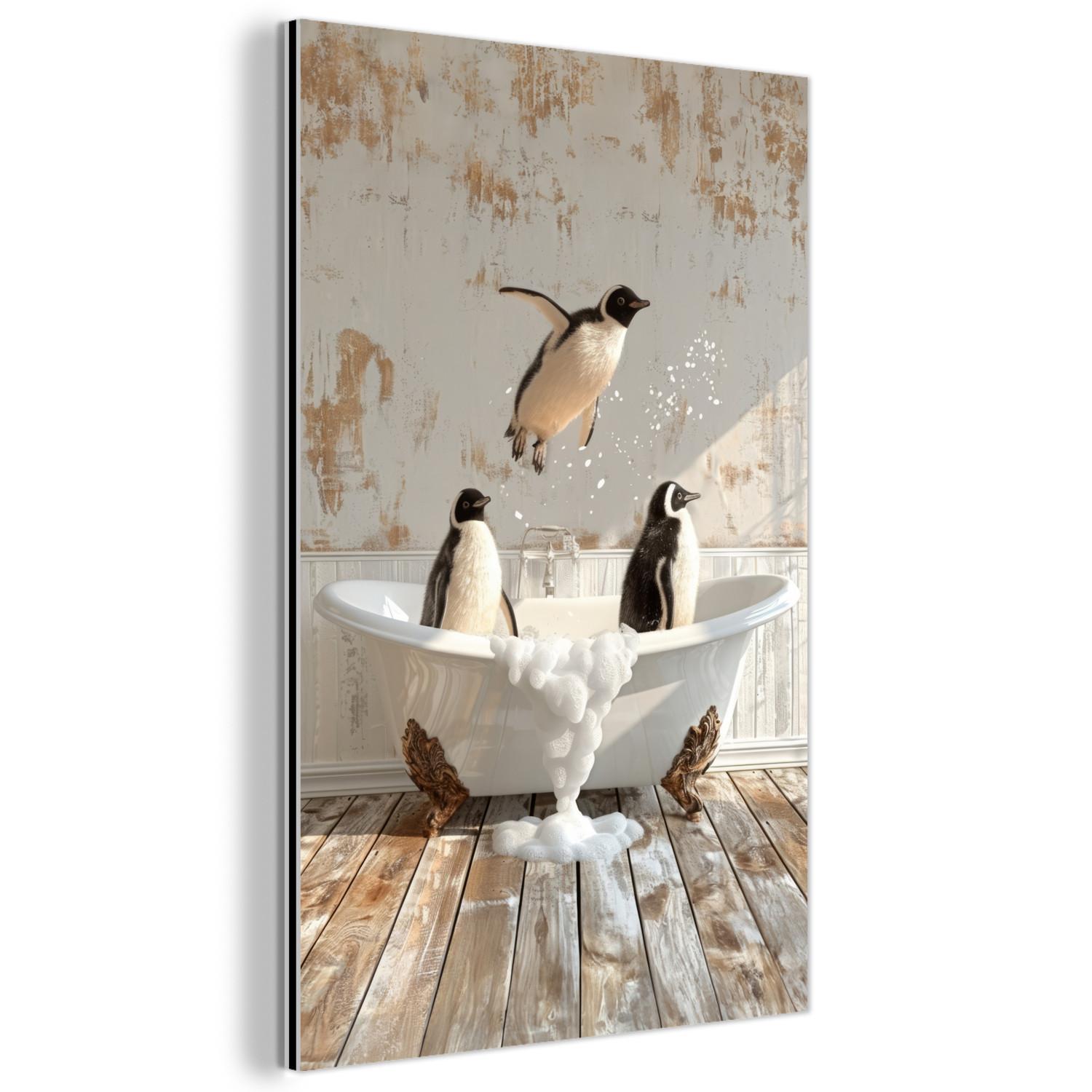 METALLBILD Vintage - Pinguin - Badewanne - Schaumstoff 80x120 cm - Schwarz, Metall (80/120cm) - MuchoWow