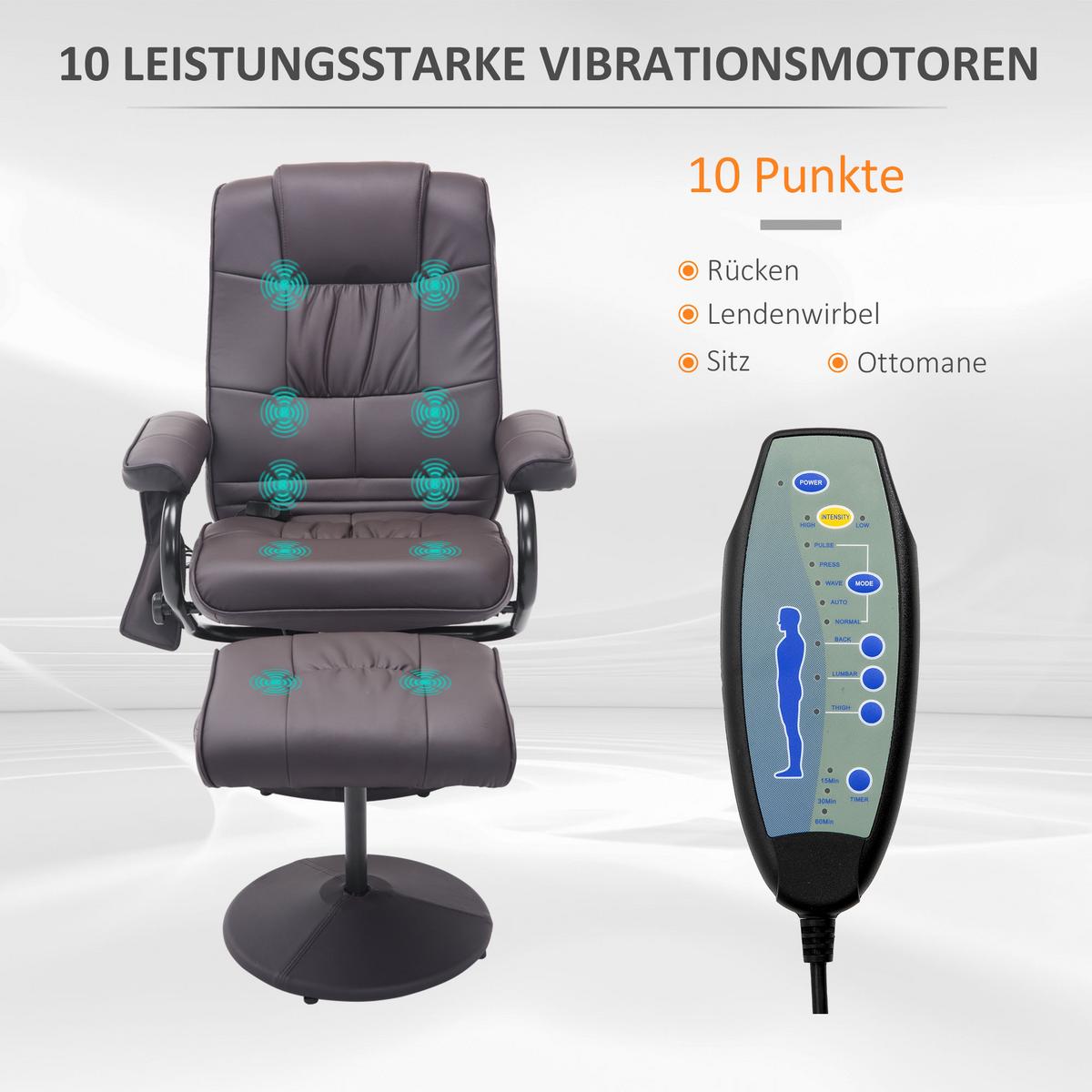 MASSAGESESSEL mit Hocker, Relaxsessel mit Liegefunktion, Massagefunktion, Braun - Schwarz/Braun, Leder/Kunststoff (84/95/77cm) - HOMCOM