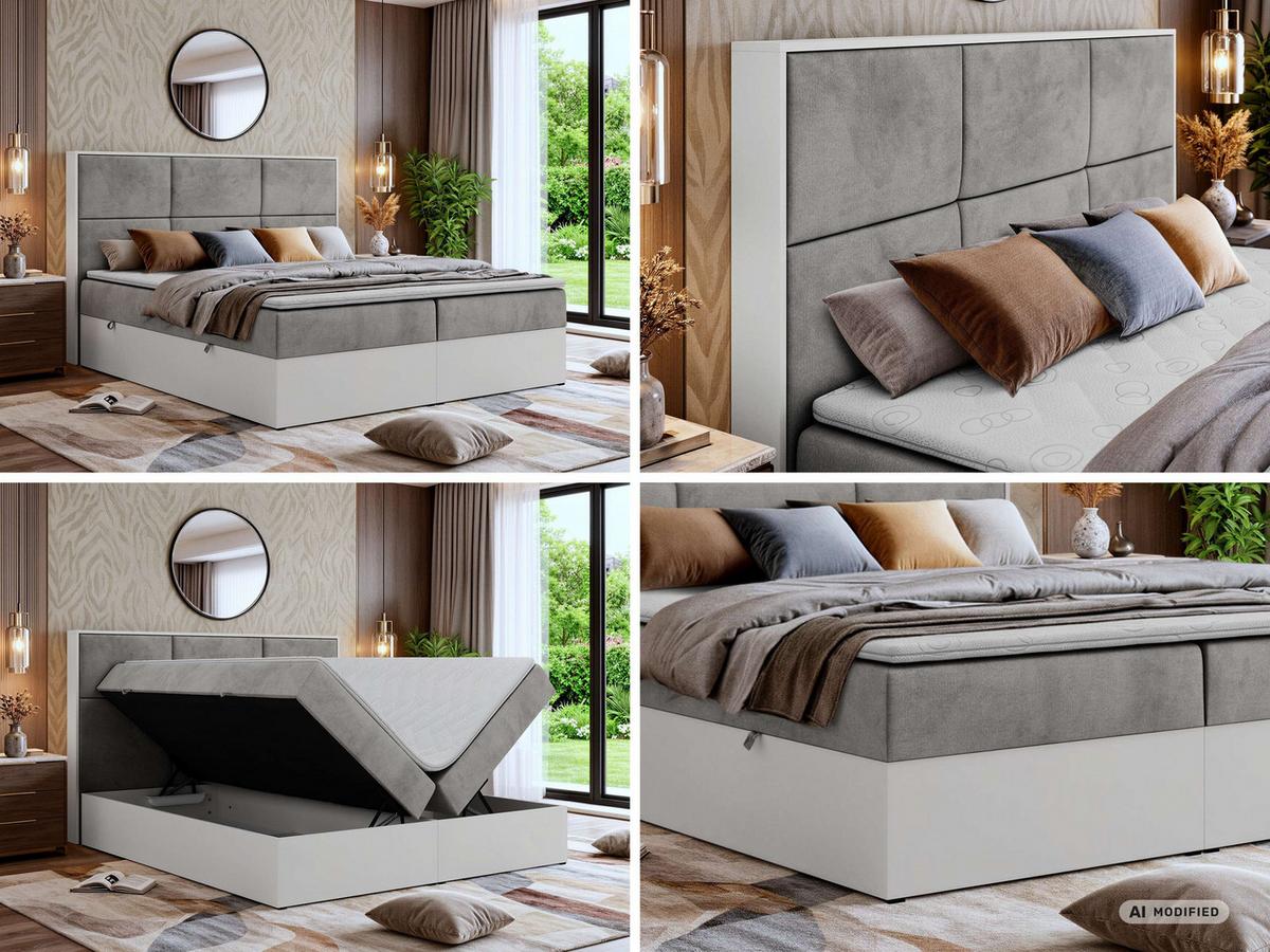 BOXBETT DELVIT 140/200 - Hellgrau Velvet - Topper Visco - H4 - Hellgrau/Schwarz, Kunststoff/Textil (140/200cm) - MKS
