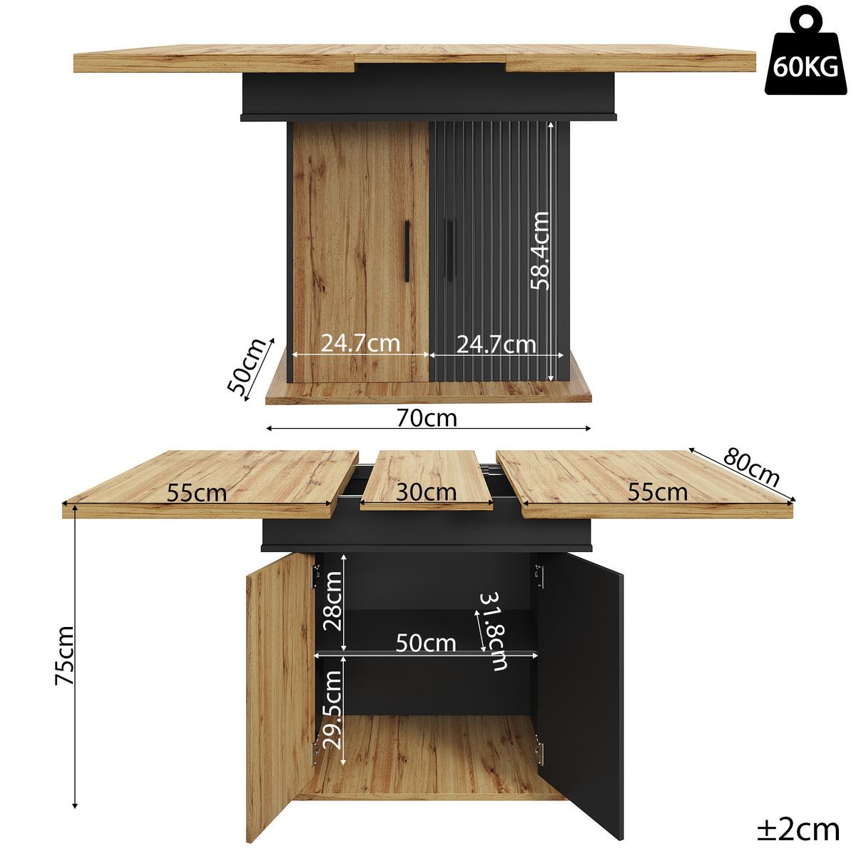 ESSTISCH Ausziehbar 110-140cm Schwarz & Natur Teleskoptisch mit Stauraum - Naturfarben, Holzwerkstoff (80/110/75cm) - Urban Meuble