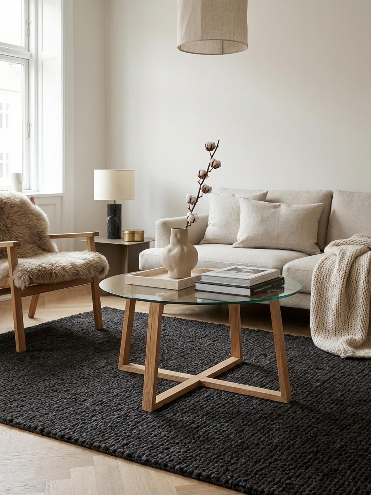 COUCHTISCH in Eiche mit transparenter Glasplatte und überkreuztem Gestell, modernes Design - Beige/Braun, Glas/Eichenholz (78/78/41cm) - KADIMA DESIGN