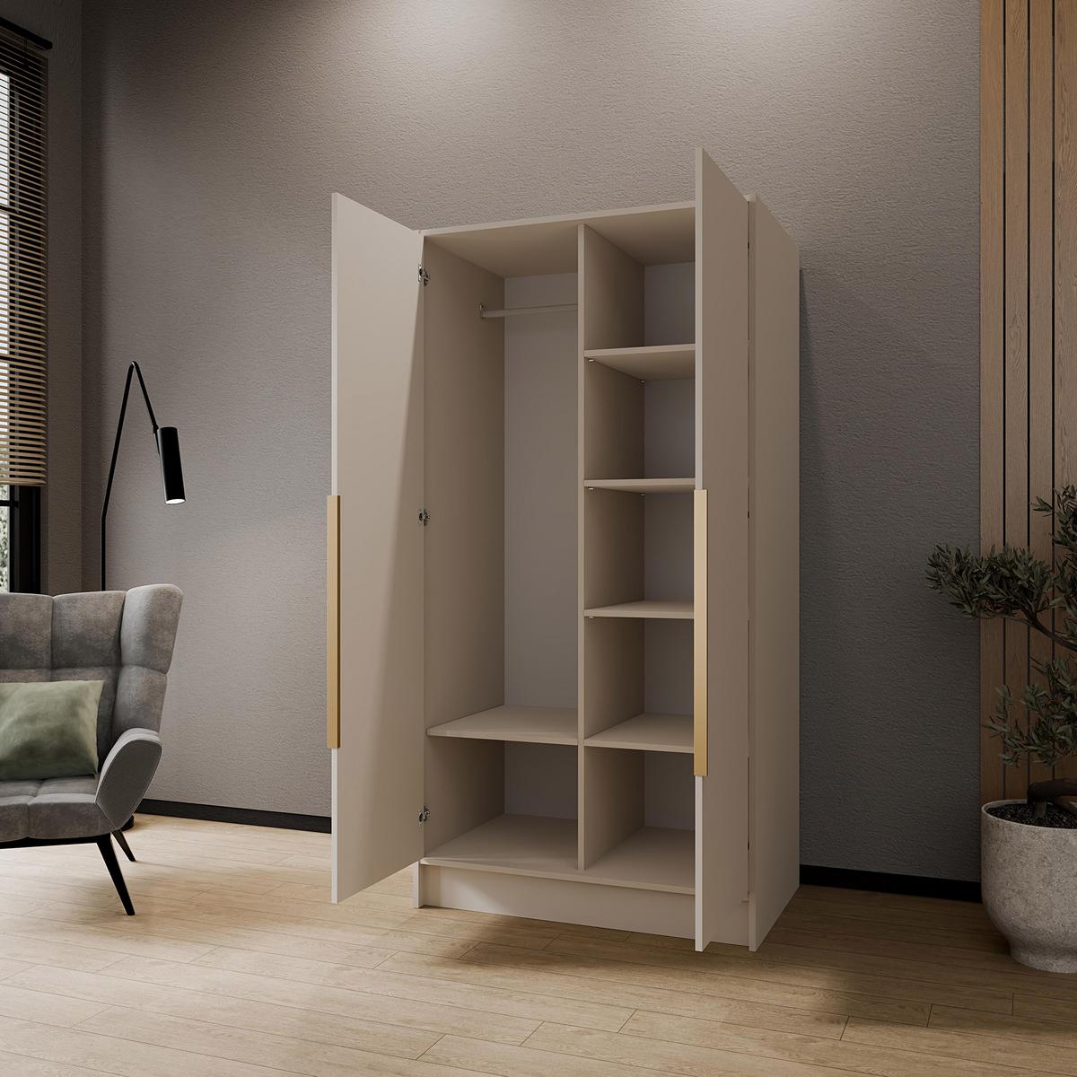 DREHTÜRENSCHRANK Laro mit Spiegel, Kaschmir mit goldenen Griffen, 100 cm - Kaschmir, Holzwerkstoff (100/200/51cm) - Beautysofa