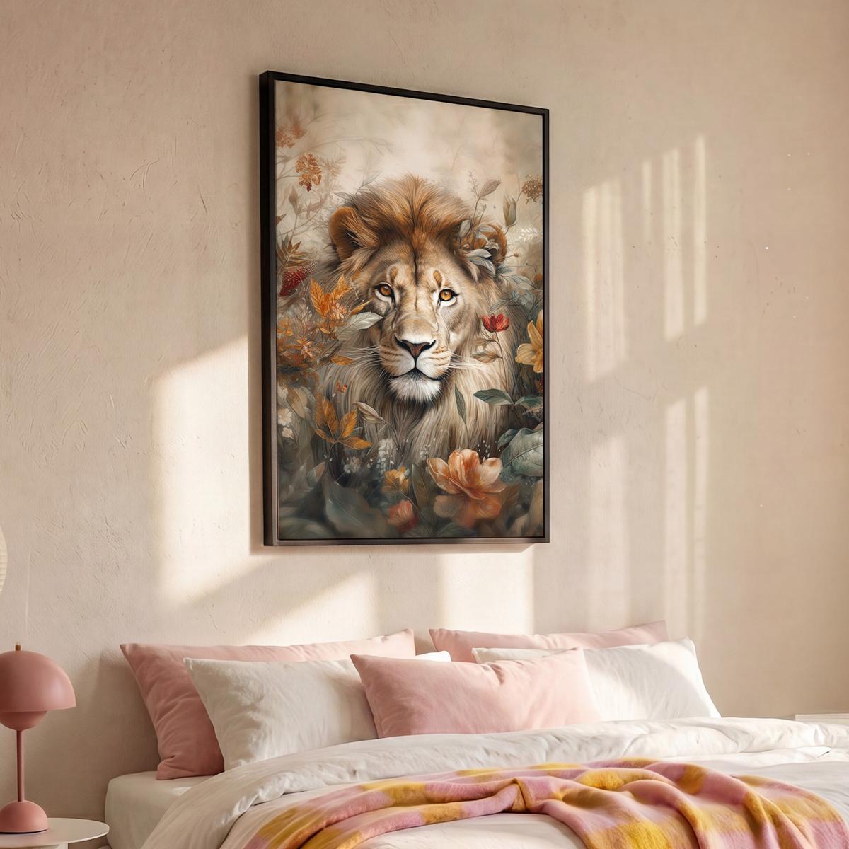 LEINWAND Bilder mit Rahmen - Löwe - Wildtiere - Pflanzen - Natur - Blumen - 80x120 - Beige, Textil (80/120cm) - MuchoWow