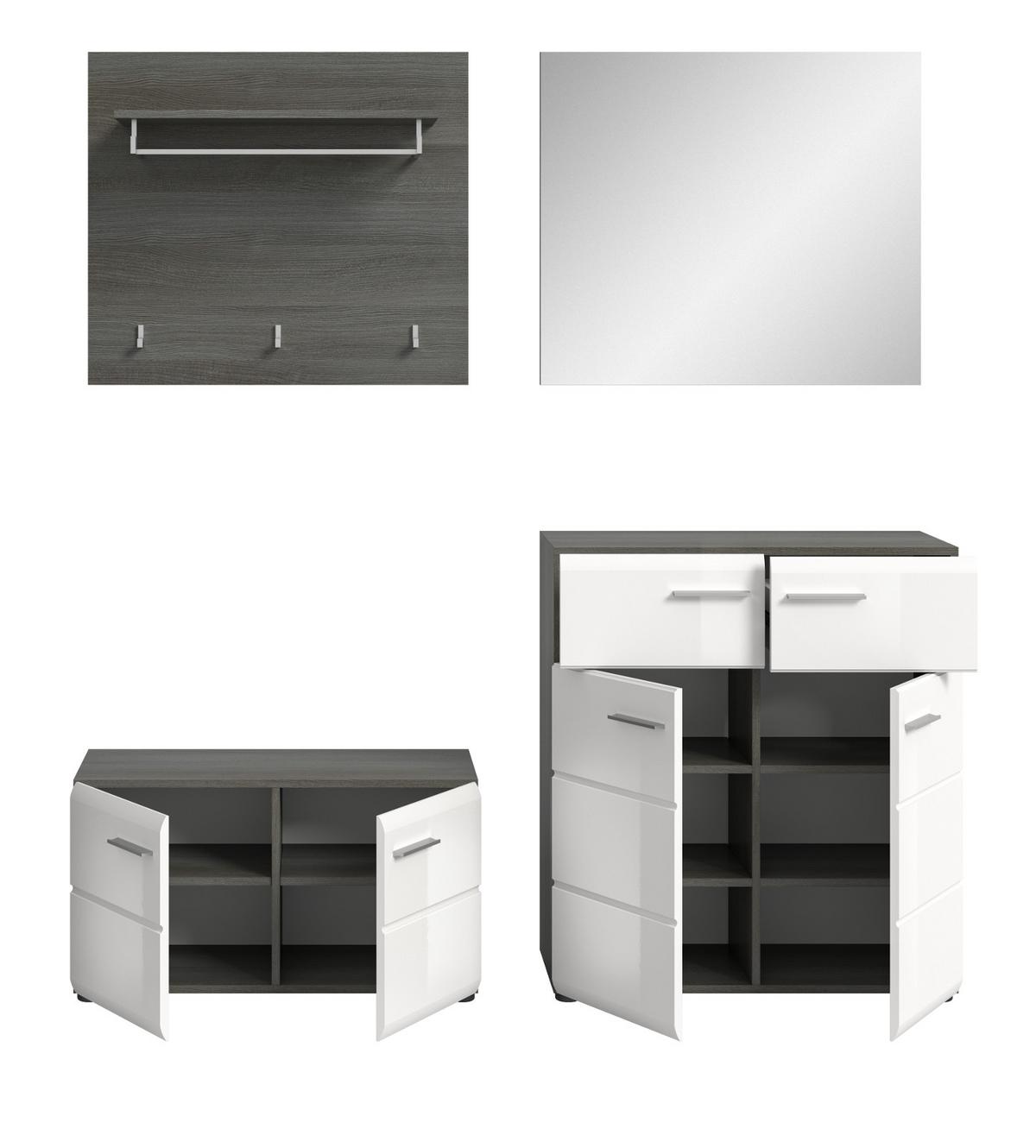 GARDEROBE Set 4-teilig weiß Hochglanz, grau 175 cm, Komplettset mit viel Stauraum - Weiß Hochglanz/Silberfarben, Glas/Holzwerkstoff (175/192/37cm) - Inn.Furn