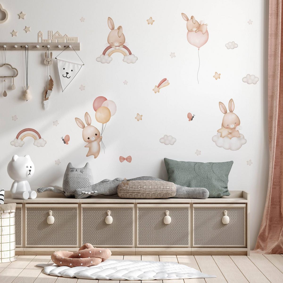 WANDAUFKLEBER SET Kaninchen Sternen Wolken Regenbogen 60x30 - Beige/Rot, Papier (60/30/1cm) - Muralo