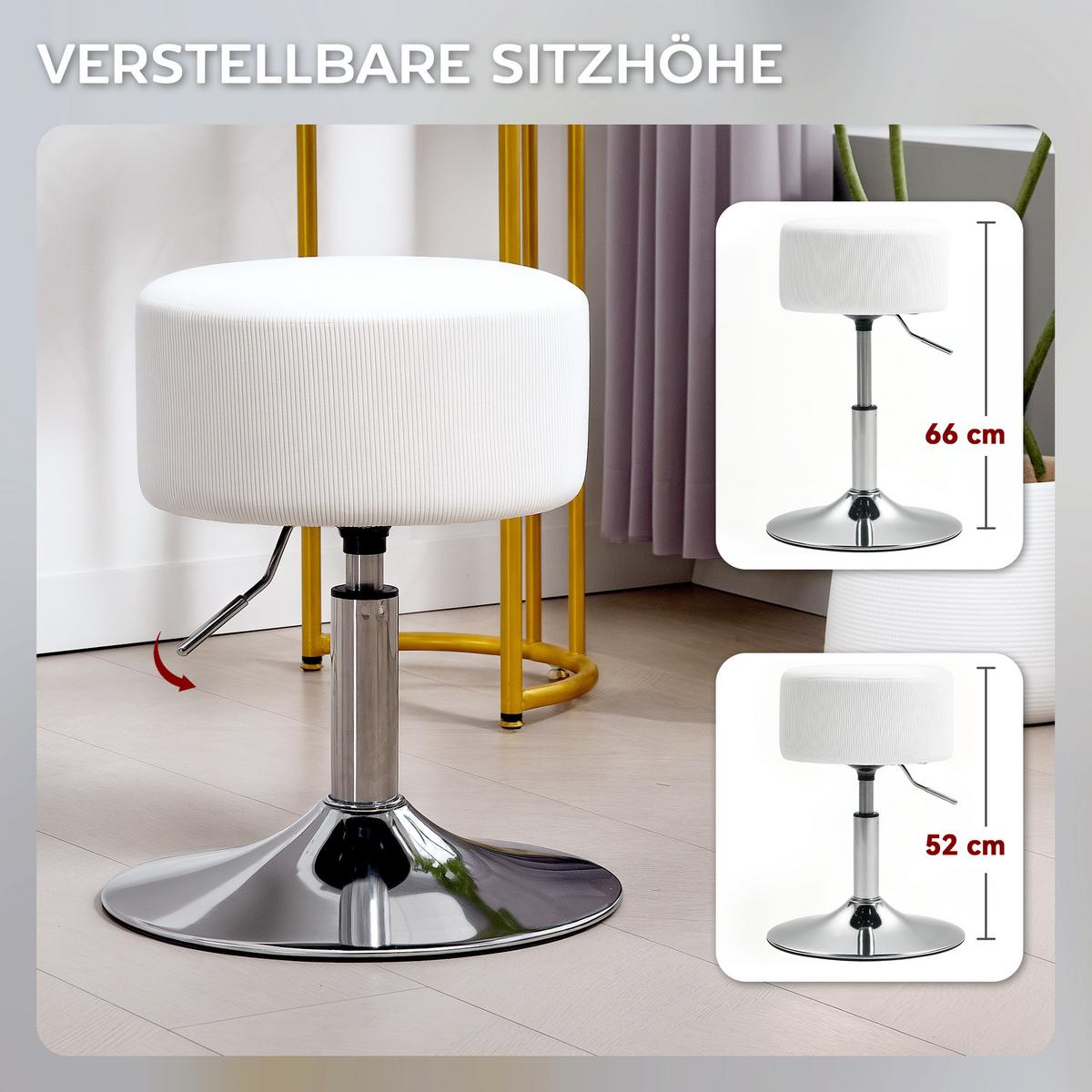 BARHOCKER, Gepolstert Barstuhl mit Metallgestell, Cordoptik, Höhenverstellbar - Weiß, Kunststoff (38/66/38cm) - HOMCOM