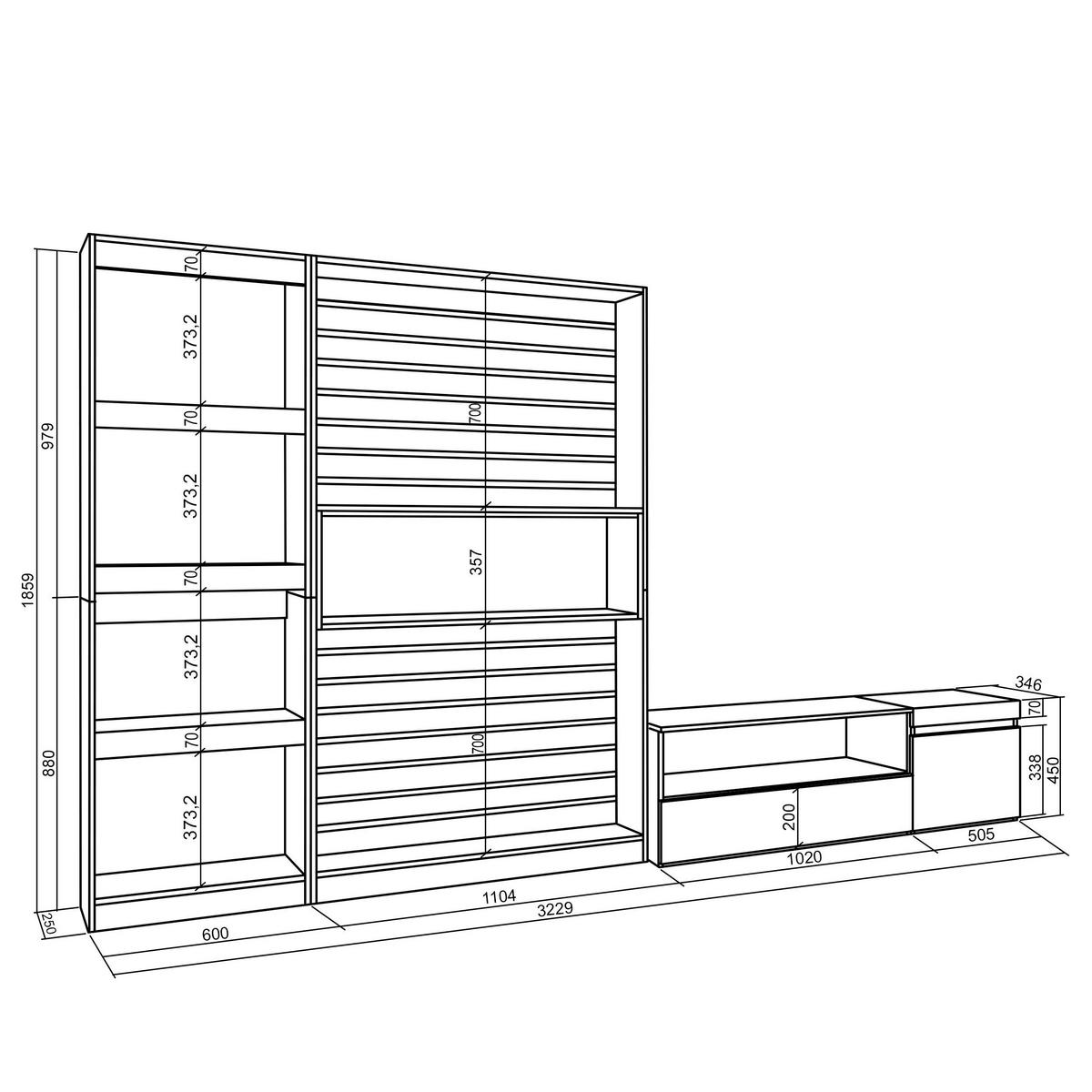 WOHNWAND eiche, schwarz, 320/35/186cm - Eichefarben/Schwarz, Holzwerkstoff (320/186/35cm) - Skraut Home
