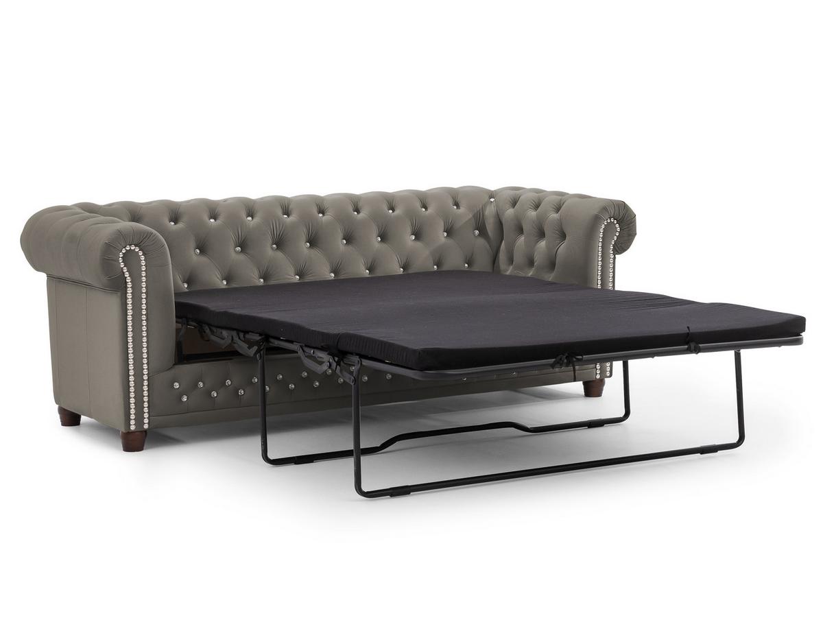CHESTERFIELD-SOFA 3-Sitzer mit Schlaffunktion Cleo Blink Grau Samt mit Kristallsteppung und braunen Massivholzfüßen - Braun/Grau, Holz/Textil (203/72/86cm) - S-Style