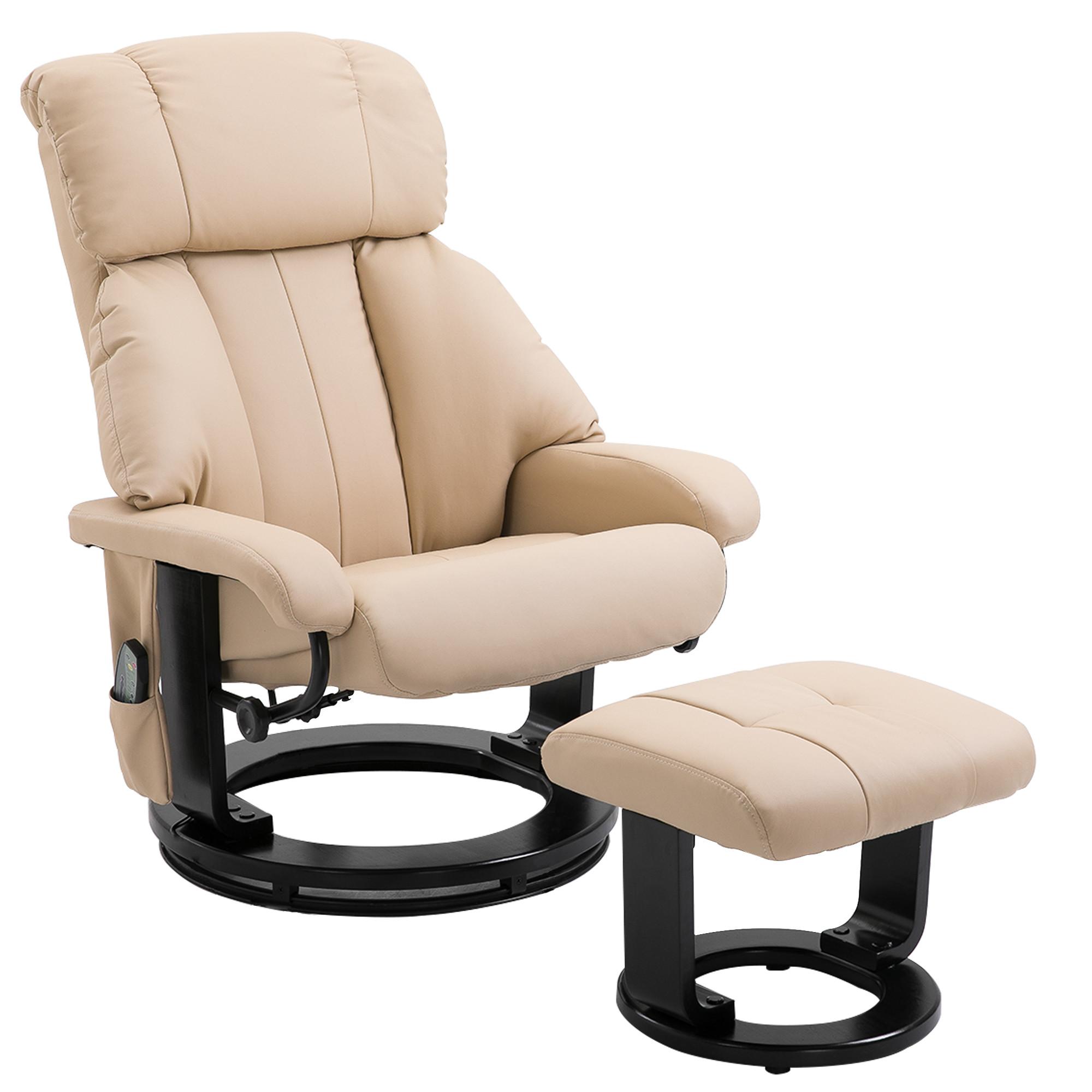 RELAXSESSEL mit Liegefunktion Massagesessel inkl. Hocker Fernsehsessel drehbar - Creme/Schwarz, Leder/Kunststoff (80/102/76cm) - HOMCOM