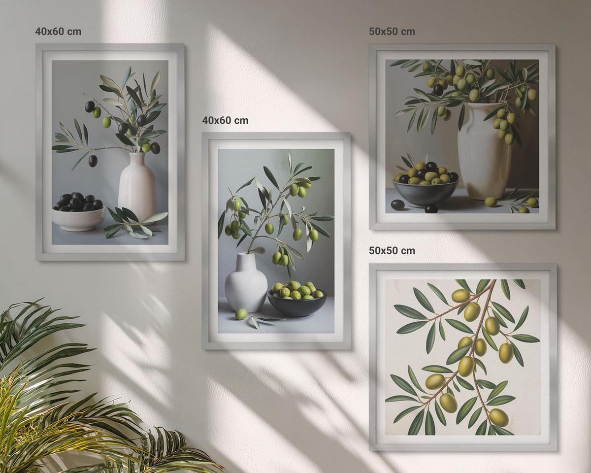 BILDER SET 4er Set - 50x50 cm & 40x60 cm Silberner Rahmen - Oliven in Vasen in gedeckten Farben - Silberfarben, Kunststoff (50/50cm) - TULUP