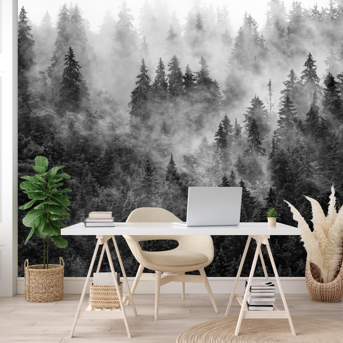 FOTOTAPETE für Wohnzimmer Dichter Nebel Forst Bäume 450x315 - Schwarz/Weiß, Papier (450/315cm) - Muralo