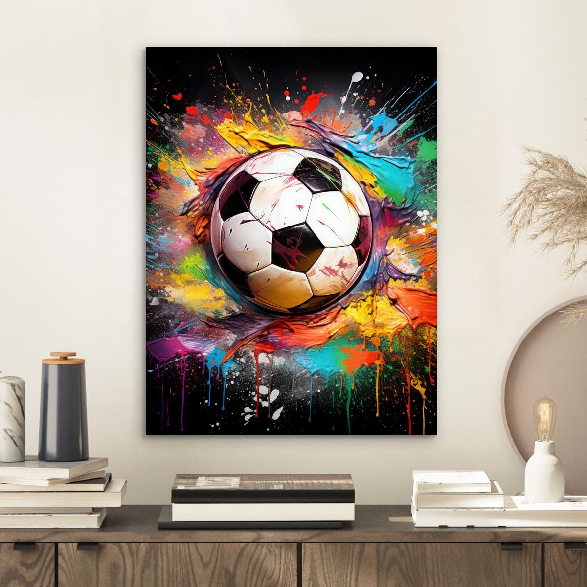 METALLBILD Fußball - Farbe - Farben - Schwarz - Weiß 30x40 cm - Weiß, Metall (30/40cm) - MuchoWow