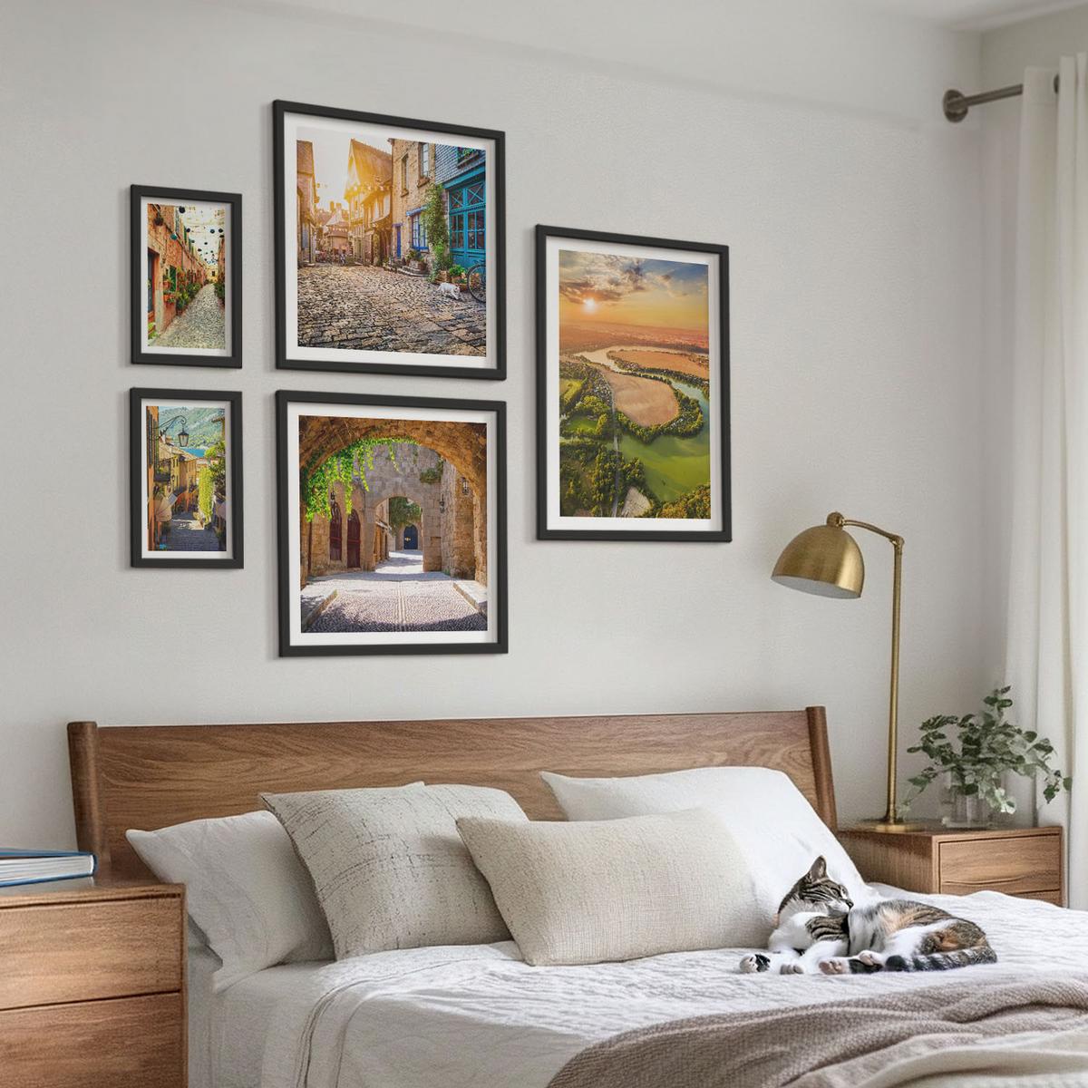 BILDER SET 5er Set - 50x50 cm & 20x30 cm & 40x60 cm Schwarzer Rahmen - Sommerlandschaften im Boho-Stil - Schwarz, Kunststoff (40/60cm) - TULUP