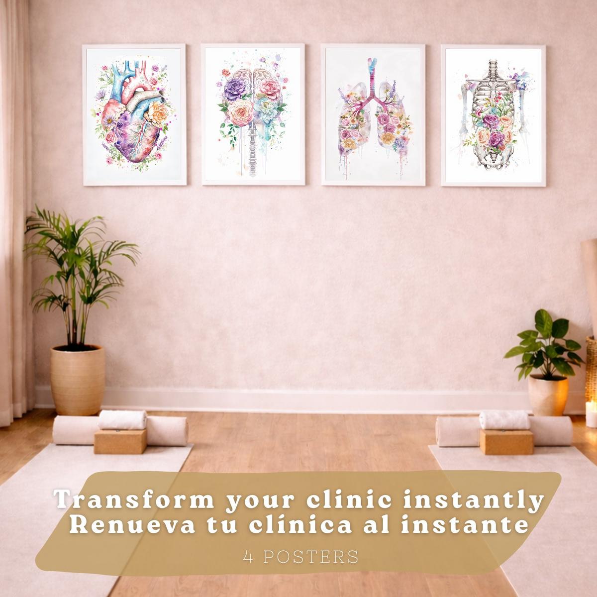 POSTER Set aus 4 Anatomie Mensch Drucke und mit Herz Gehirn Lungen Luftröhre Bronchien Wirbelsäule Florales Aquarell Design Größe Weißer Rahmen A4 - Weiß, Papier (21/29.7/3cm) - Nacnic