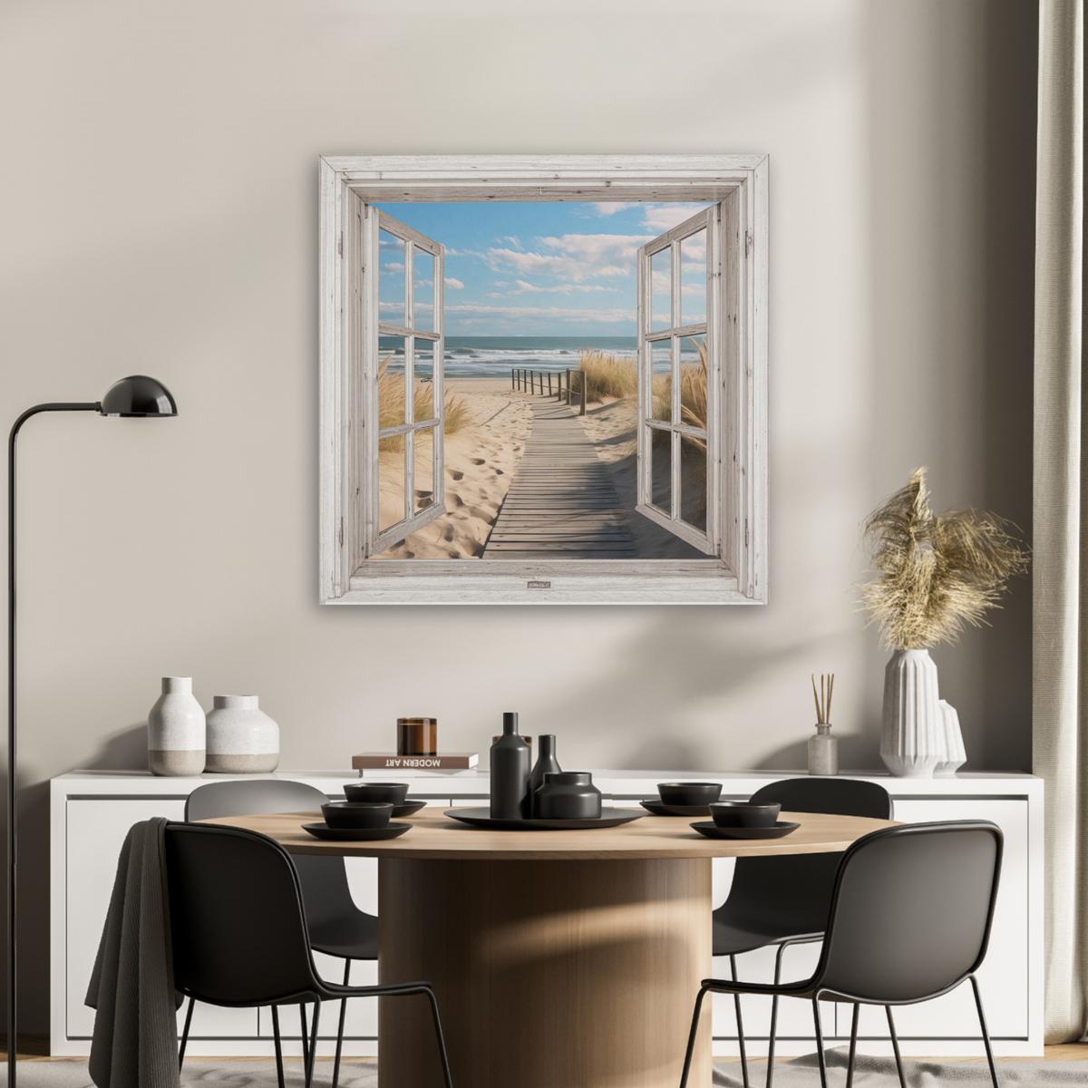 AKUSTIKBILD Fenster - Meer - Küste - Natur - Ausblick - Strand - Wattenmeer Akustikpaneele 80x80 cm - Beige, Kunststoff (80/80/0.9cm) - MuchoWow