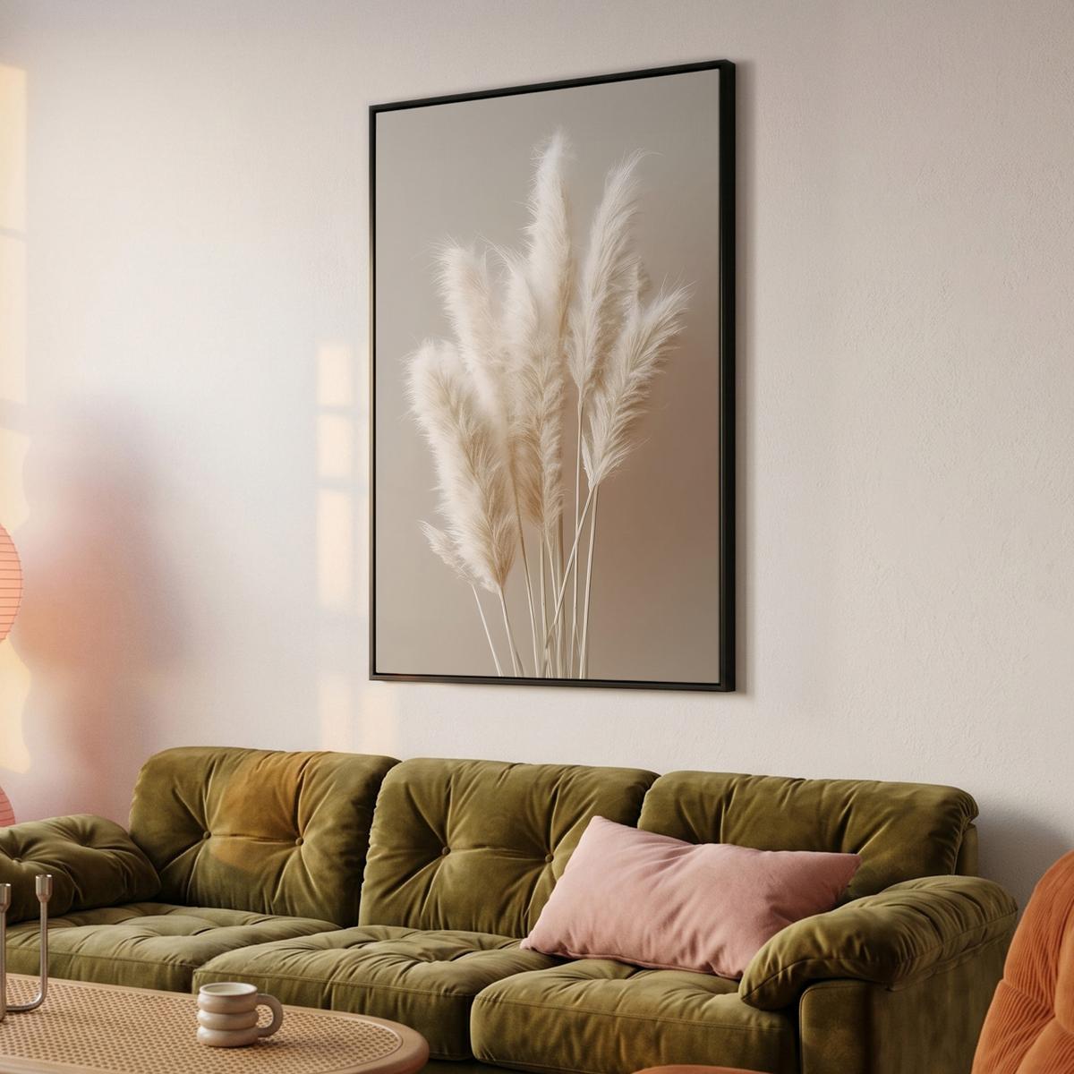 LEINWAND Bilder mit Rahmen - Pampasgras - Federn - Pastell - Weiß - 100x150 - Naturfarben, Textil (100/150cm) - MuchoWow