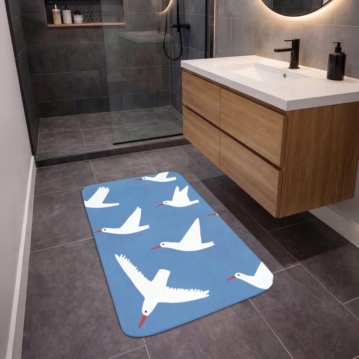 BADEMATTE Vögel - Weiß - Muster 60x90 cm - Blau, Textil (60/90cm) - OnlyWow